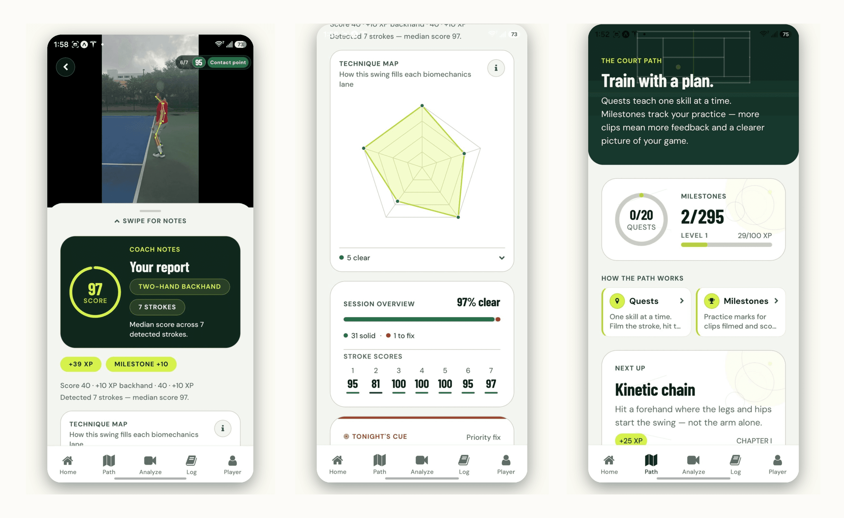 Pantallas de la app Match Point AI: repetición del vídeo con esqueleto de pose y nota, mapa de técnica y plan de entrenamiento Court Path